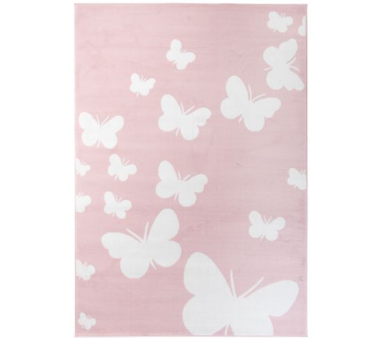 Tapis Chambre Enfant Rose Blanc Papillons Fin 80 X 150 Cm Pinky