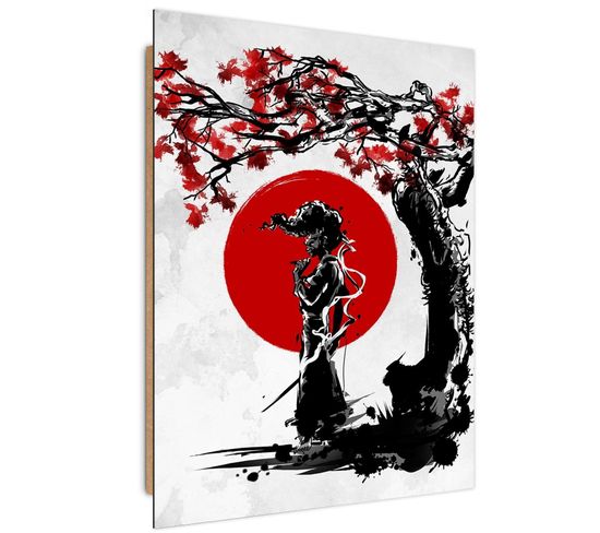 Tableau Bois Afro Samurai Sous Un Cerisier Japonais 70 X 100 Cm Rouge