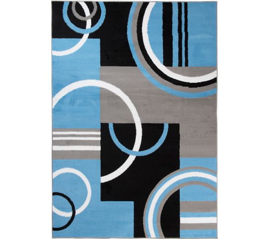 Tapis Salon Rectangle Bleu Gris Noir Géométrique Maya 140x200