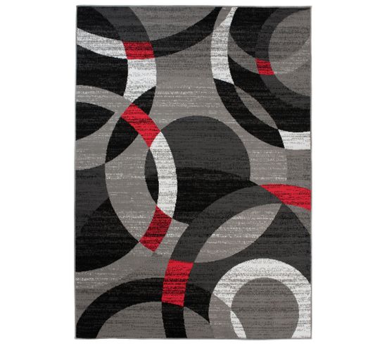 Tapis De Salon Chambre Design Moderne Gris Noir Rouge Cercles Moucheté Fin Maya 130x190