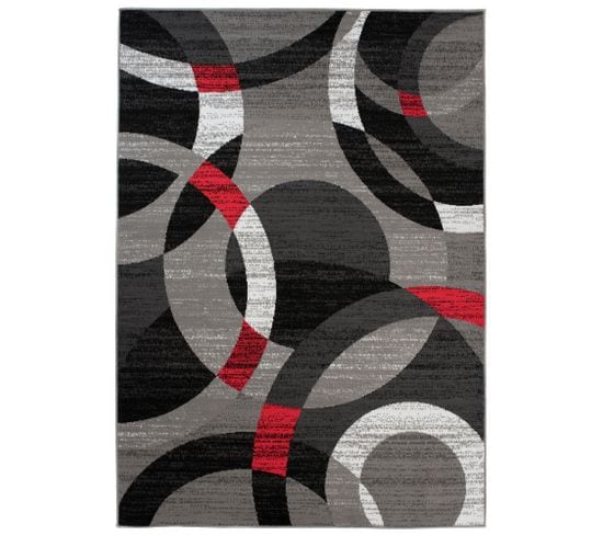 Tapis De Salon Chambre Design Moderne Gris Noir Rouge Cercles Moucheté Fin Maya 180x250