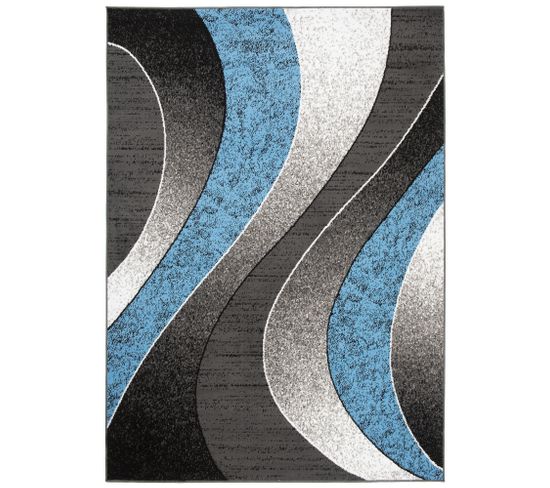 Tapis Salon Rectangle Bleu Gris Noir Vagues Fin Dream 180x250