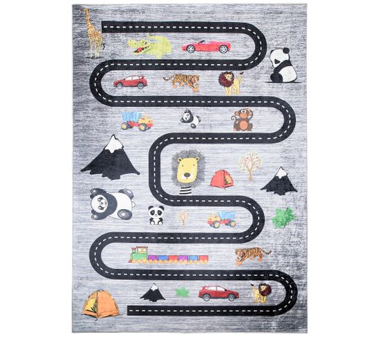 Tapis Enfant Bébé Noir Multicolore Route Animaux Fin 80x150 cm Emma