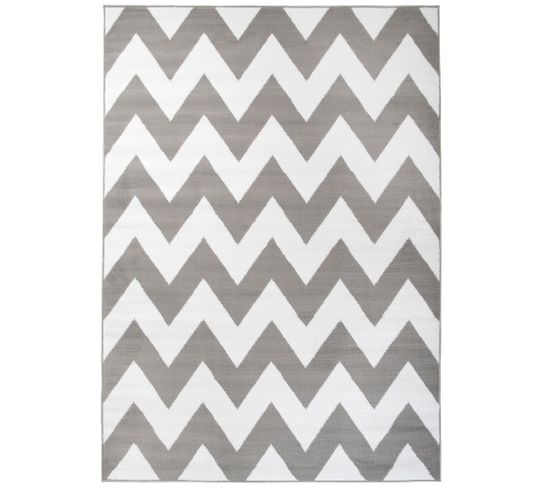 Tapis Salon Moderne Blanc Gris Géométrique Zigzags Fin 160x220 cm