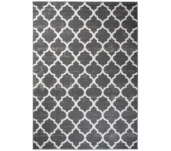 Tapis Salon Moderne Gris Foncé Blanc Marocain Géométrique Treillis Fin 80x150 cm