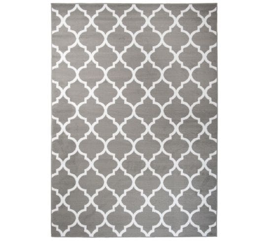 Tapis Salon Moderne Gris Blanc Marocain Géométrique Treillis Fin 140x200 cm