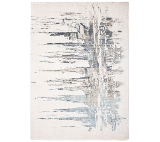 Tapis Salon Crème Bleu Beige Gris Abstrait Franges Fin 120x170 cm