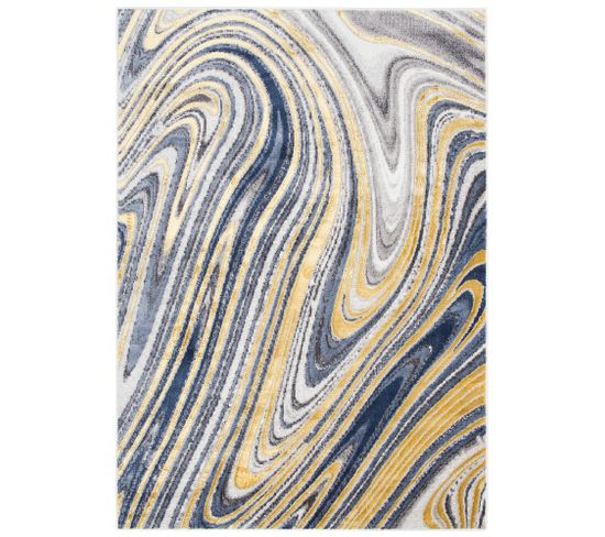 Tapis De Salon Design Moderne Or Bleu Gris Abstrait Vagues Shine 160x220