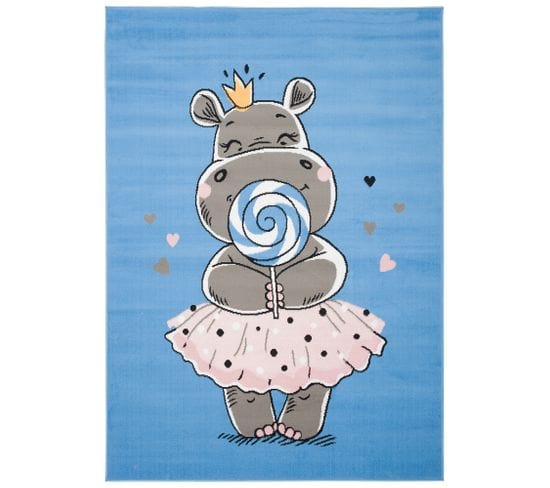 Tapis Enfant Bébé Bleu Gris Rose Hippopotame 80 X 150 Cm Jolly