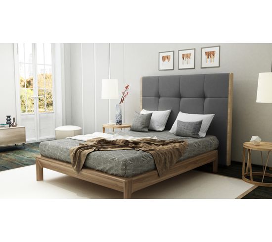 Tête de lit PU L.140 cm CLOE gris et imitation bois