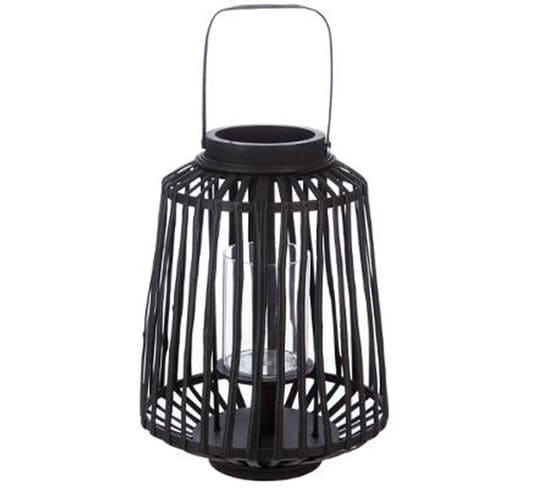 Lanterne À Suspendre En Rotin Et Verre, Coloris Noir - Dim : D 25 X H 35 Cm