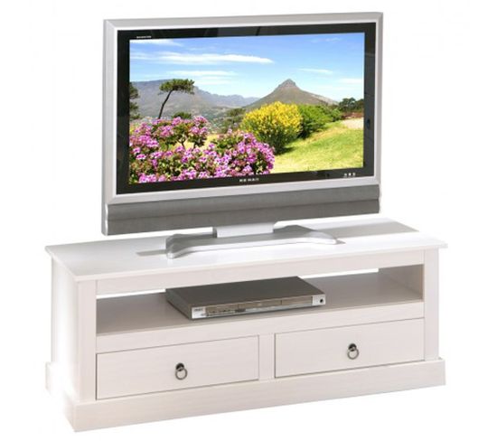 Meuble Tv Design Blanc En Bois Massif - Dim : L 118 X H 45 X P 39 Cm