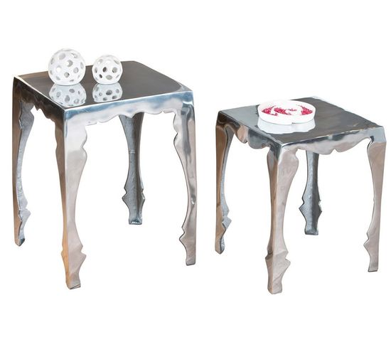 Set De 2 Tables D'appoint En Aluminium Couleur Argenté - Dim : H 50 X P 40 X L 40 Cm