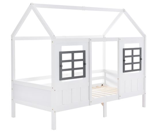 Lit Cabane,lit Simple,lit De Repos,lit D'enfant Avec 2 Fenêtres,cadre En Pin,mdf,blanc (200x90cm)