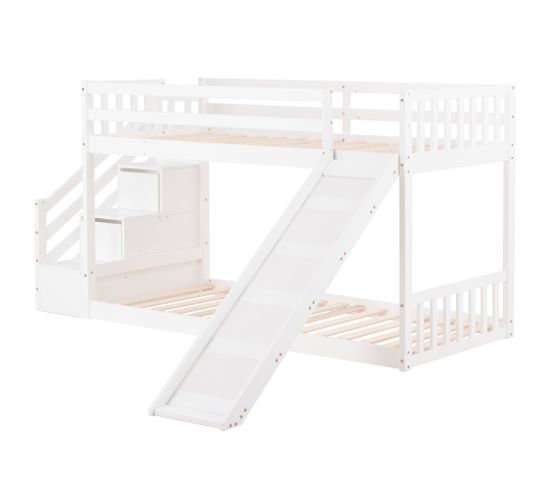 Lit Superposé Avec Escalier Et Toboggan,lit Enfant Avec 2 Tiroirs Dans L'escalier,90x200cm, Blanc