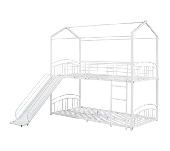 Lit Superposé Avec Escalier Avec Échelle à Angle Droit, Structure En Métal, Blanc (90x200cm)