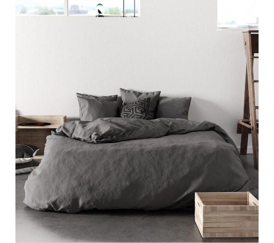 Housse De Couette Percale De Coton Lavé 80fils/cm2 Gris ...