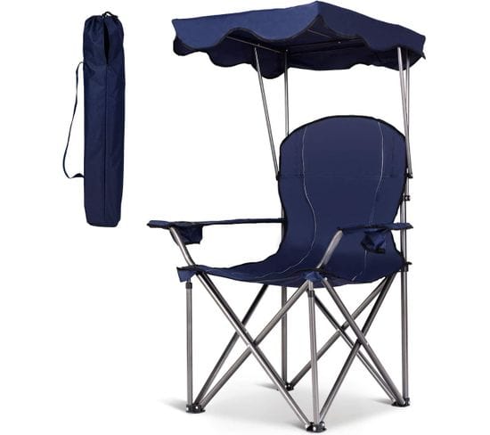 Chaise De Camping Avec Parasol/chaise De Plage Pliante，accoudoirs Portable 120 Kg Bleu