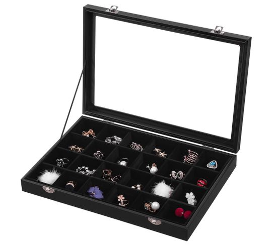 Boîte À Bijoux Avec 24 Compartiments, Avec Revêtement En Velours, Couvercle En Verre Et Fermoir Noir