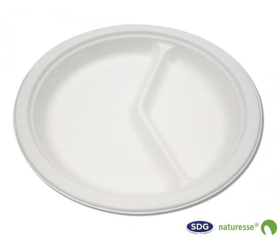 Assiette Plate Pulpe De Cellulose 2 Compartiments 26 Cm - Sdg - Lot De 500