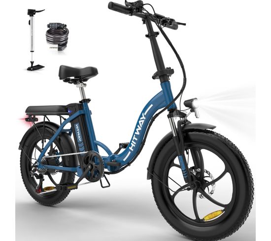 Vélo Électrique Hitway 20" Vtt Vae - Batterie 36v - 11,2ah - Moteur 250w - 7 Vitesses - Bleu