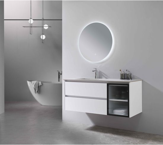 Meuble De Salle De Bain Simple Vasque 120cm Blanc Et Effet Marbre Blanc Avec Miroir Led