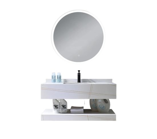 Meuble De Salle De Bain Simple Vasque 100cm Effet Marbre Blanc Et Doré Avec Miroir LED