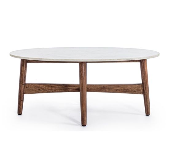 Table Basse Ovale Vintage En Acacia Et Marbre Blanc L105 - Blany