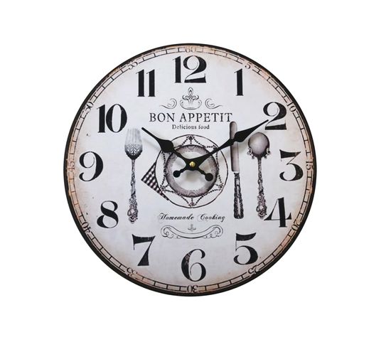 Horloge Cuisine Mdf Rétro Blanc Marron Analogique 33,8x33,8x4