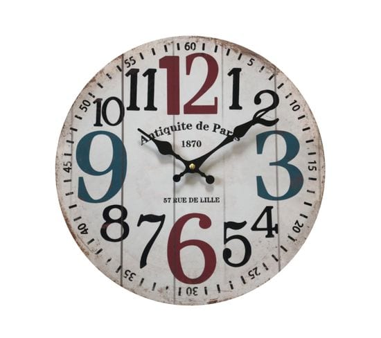 Horloge Murale Ronde Mdf Blanc Shabby Salon 33,8x33,8x4