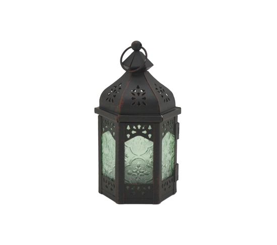 Lanterne Bougeoir Décoratif Verre Métal Vert Noir 17x9x8