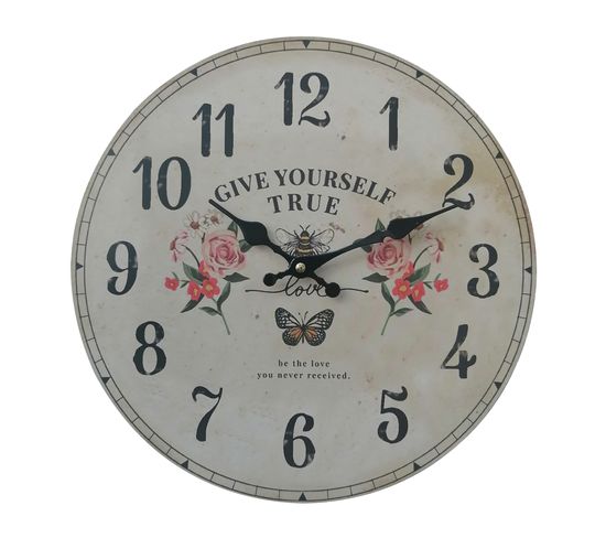 Horloge Murale Ronde Blanc Mdf Imprimé Floral Style Shabby