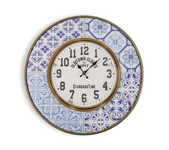 Horloge Murale Pour La Cuisine, Pendule Pour Salon Lisboa 63x4,5x63cm,métal, Bleu Et Blanc