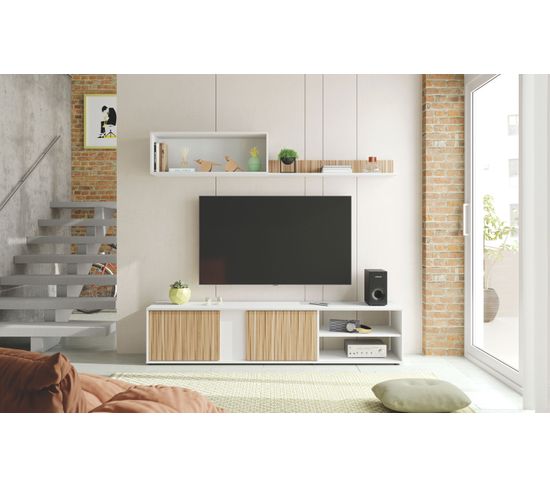 Meuble TV 180 cm ETHNA  imitation chêne/ blanc