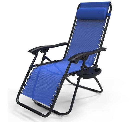 Chaise Longue Inclinable En Textilene Avec Porte Gobelet Et Portable Bleue