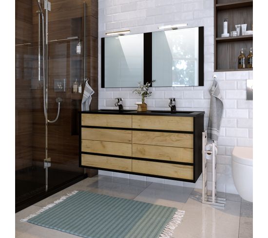 Meuble de salle de bain 120 cm KOH TAO Imitation chêne brut et noir