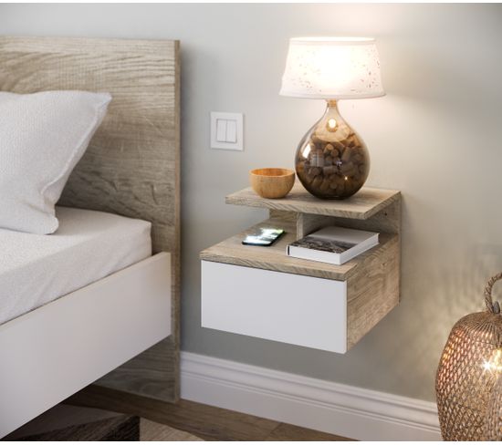 chevet suspendu avec tiroir lanash blanc et imitation chene table de chevet but