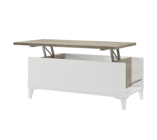 Table Basse Avec Plateau Relevable - Blanc/chene - L 100 X P 50/72 X H 42/55 Cm - Evan