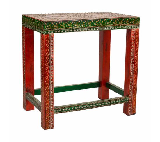 Table En Bois Peint Artisanalement Vert/rouge 45x29,5x45h
