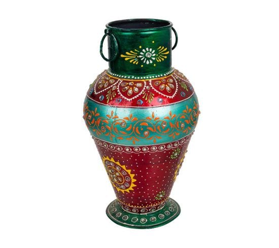 Vase En Métal Peint Artisanalement Vert/rouge 16x16x30h