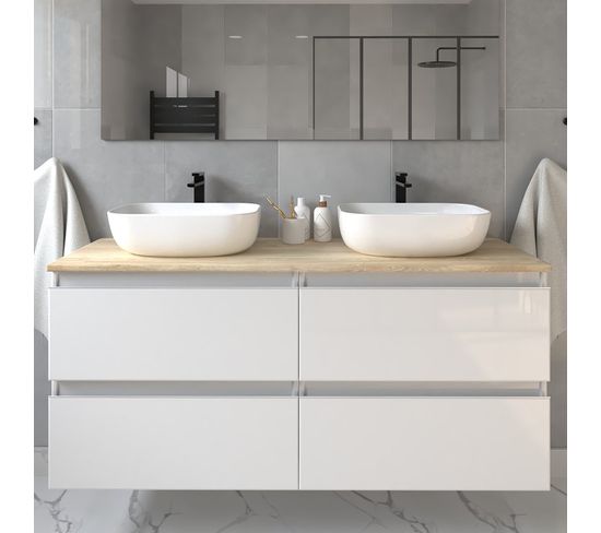Meuble De Salle De Bain Sans Miroir Avec Vasques à Poser Arrondie Balea - Blanc - 120cm