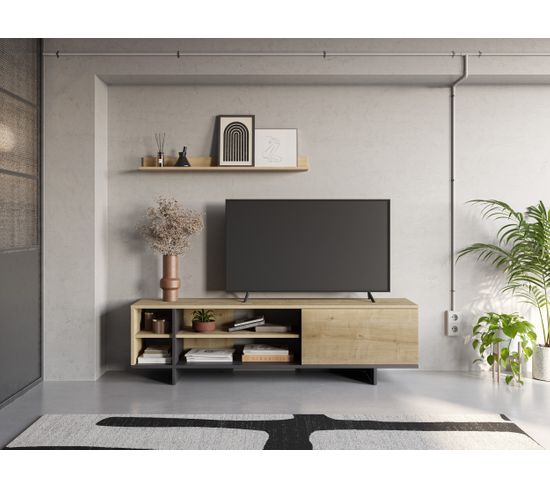 Meuble TV CEQUOIA 160cm imitation chêne et noir