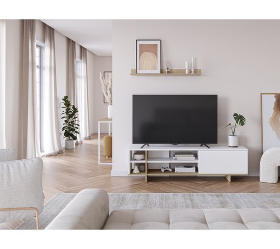 Meuble TV CEQUOIA 160cm imitation chêne et blanc