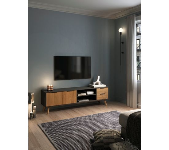 Meuble TV L.180 cm LAVIS pin massif et noir