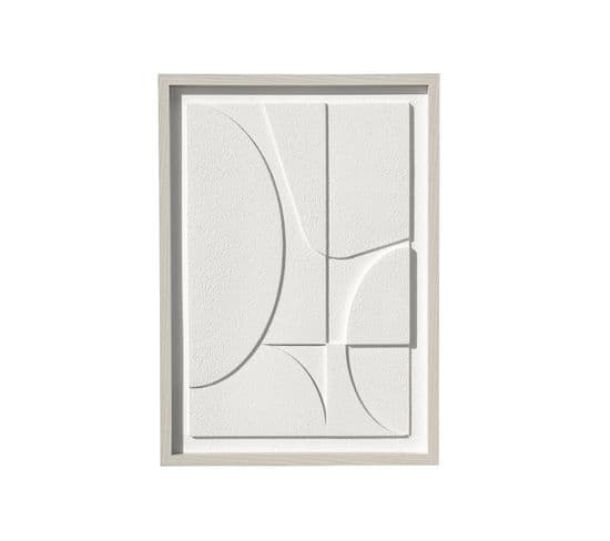 Tableau Texturisé Avec Un Design Abstrait En Couleur Blanc Cassé Et Un Cadre En Bois 70x50cm