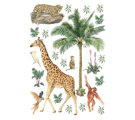 Stickers Animaux De La Jungle : Girafe, Singe Et Oiseaux - 1 Planche 42,5 X 65 Cm