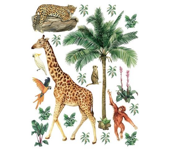 Sticker Animaux De La Jungle : Girafe, Singe, Léopard - 1 Planche 65 X 85 Cm