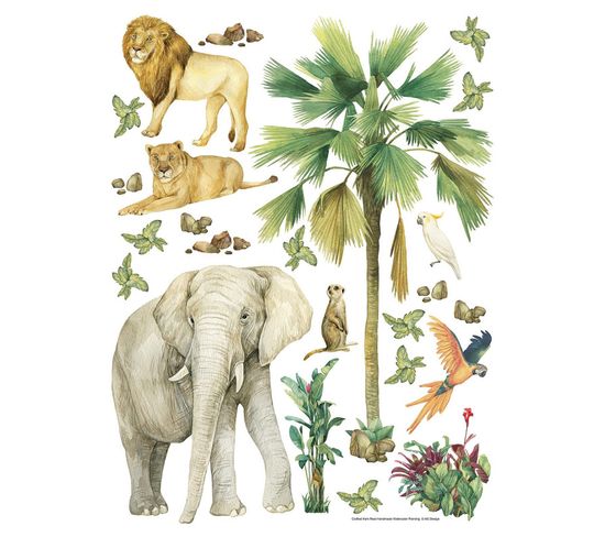 Sticker - Animaux De La Jungle : Éléphant, Lion, Perroquet - 1 Planche 65 X 85 Cm