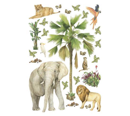 Stickers Animaux De La Jungle : Éléphant, Lion, Perroquet - 1 Planche 30x30cm