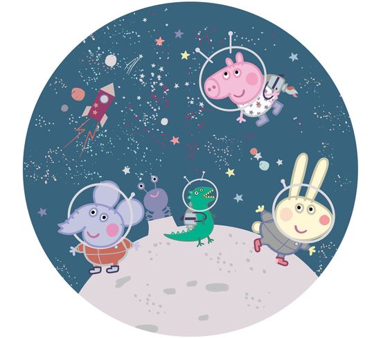 Photo Murale Ronde Peppa Pig Avec Sa Famille Dans L'espace - 70 X 70 Cm